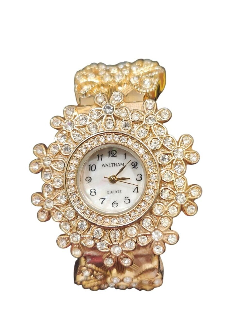 Waltham Floral Gold-Tone Crystal Quartz Wristwatch With Bow Detail Vintage Jewel
